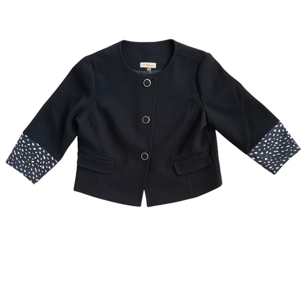 Tory Burch Black Wool Blend Blazer Animal Print Cuff 3/4 Sleeve Large Chic